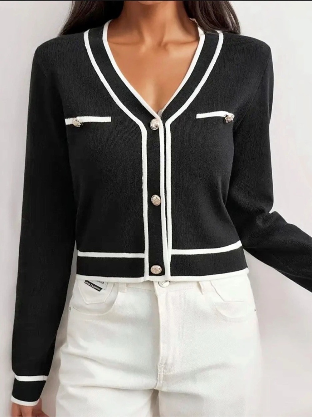 SHEIN Black & White Trim Cardigan Size Large Like New